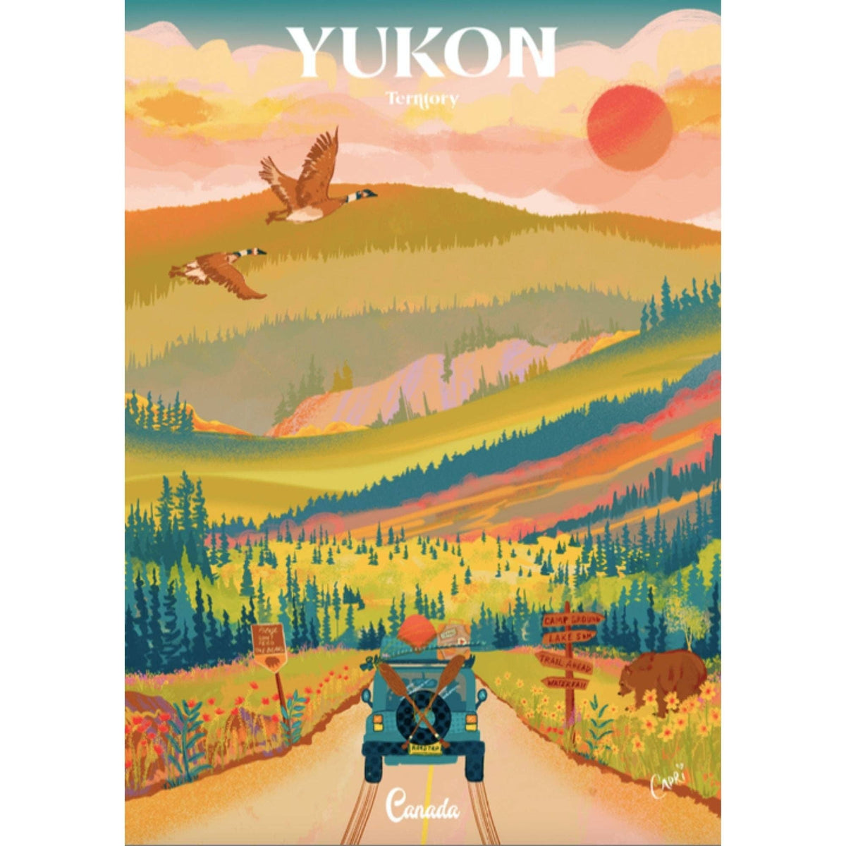 Yukon puzzle artwork panel with layered hills, birds, and road robot with Canada sign