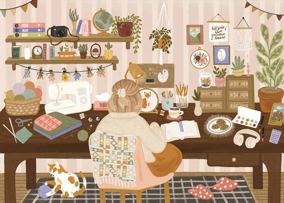 Village kitchen jigsaw puzzle artwork with a woman writing and a dog nearby