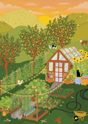 Hobby farm puzzle artwork with greenhouse, trees, animals, and flowers