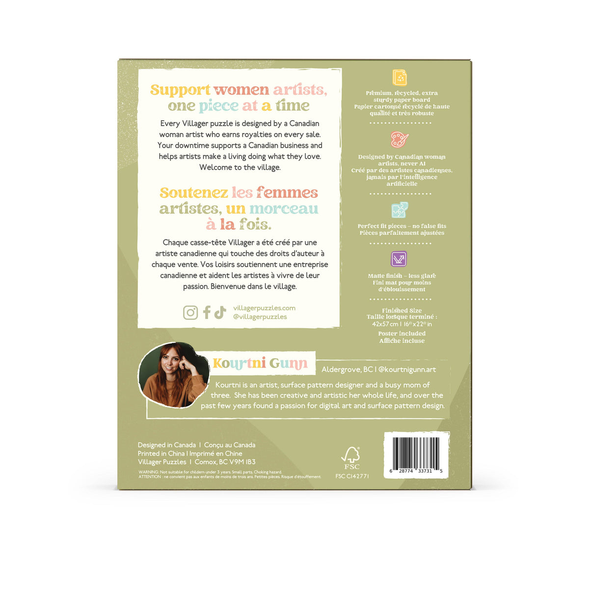 Back of 500-piece jigsaw puzzle box with text and artist feature panel