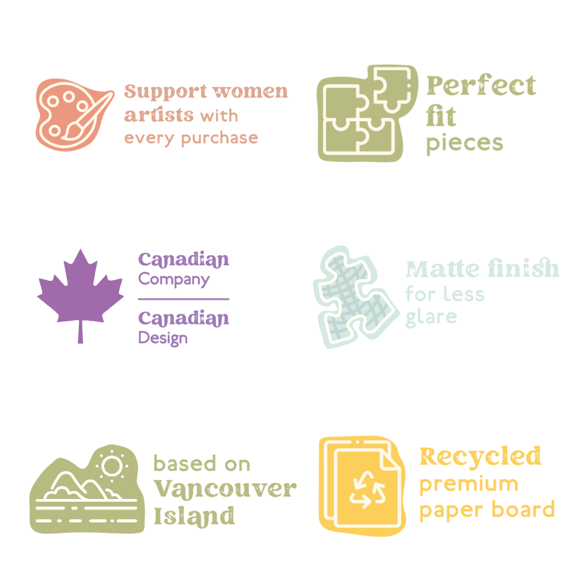 1000-piece puzzle box feature icons: matte finish, recycled paper, and Canadian design