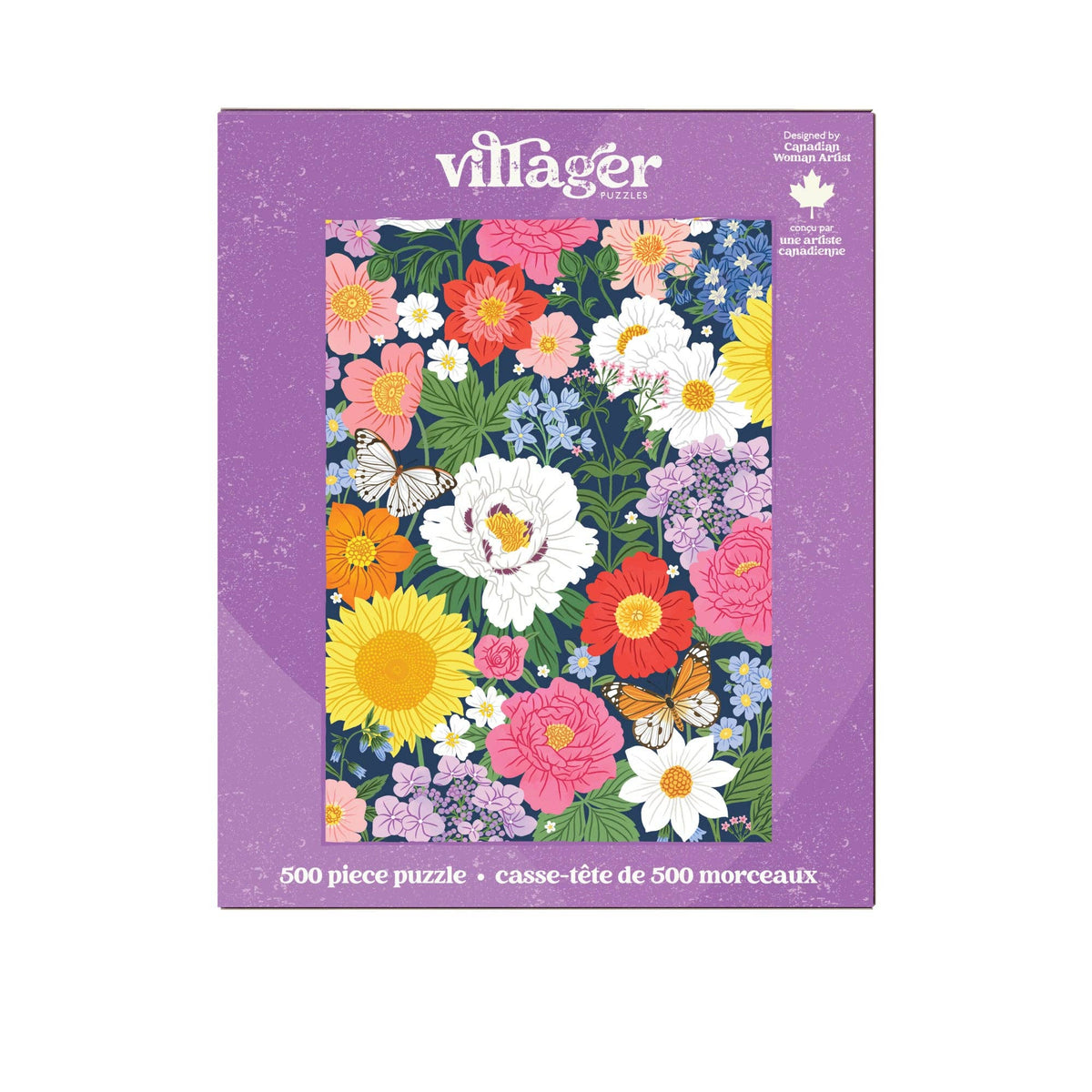 Purple 500-piece jigsaw puzzle box featuring floral garden artwork