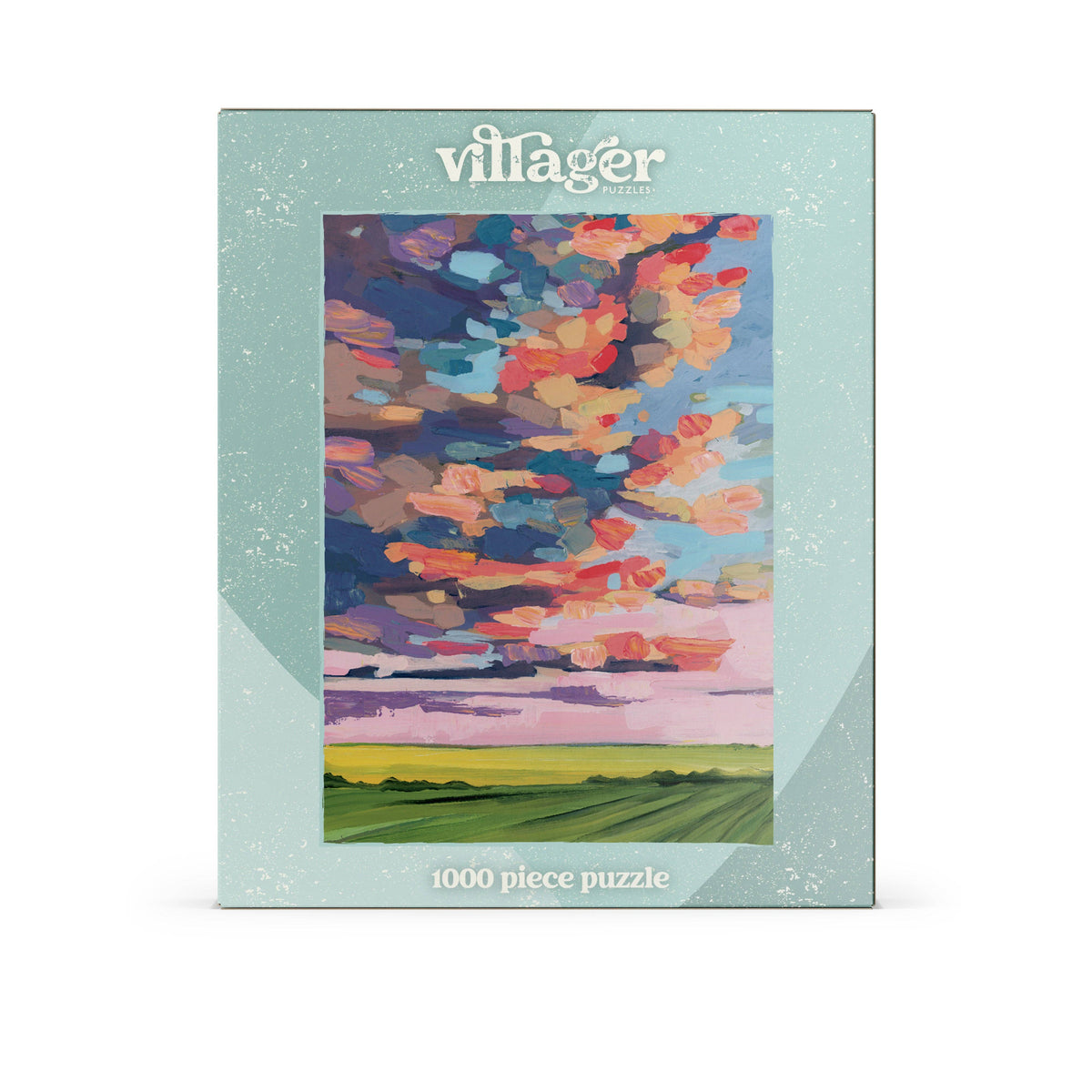 1000-piece puzzle box showing prairie sky artwork in a teal frame