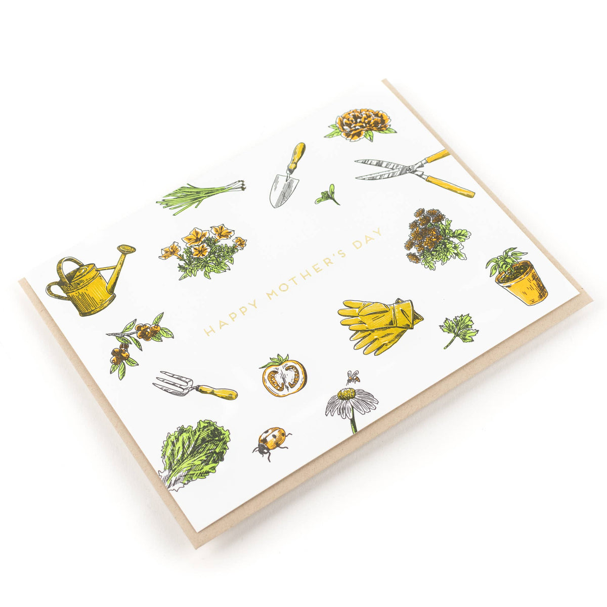 Mother's Day gardening card with letterpress garden tools, flowers, and “Happy Mother's Day”