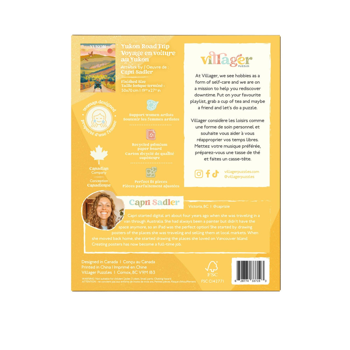 Back of Yukon jigsaw puzzle box with printed details, portrait, and barcode