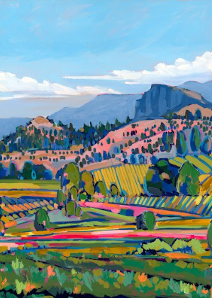Colorful countryside landscape artwork with hills, fields, and blue sky