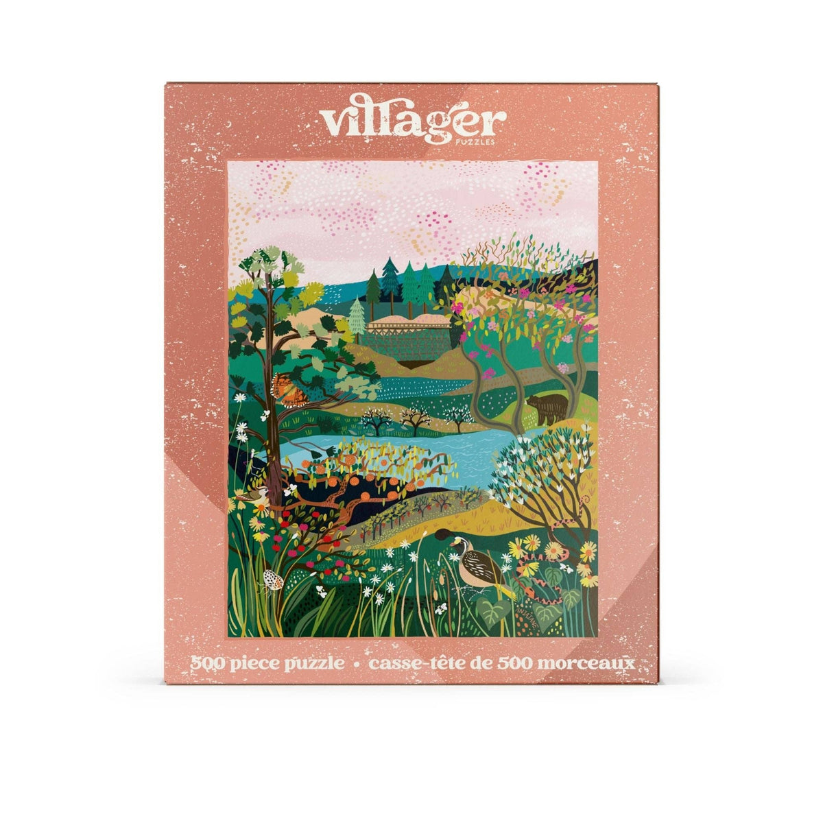 500-piece jigsaw puzzle box front, colorful valley and lake illustration