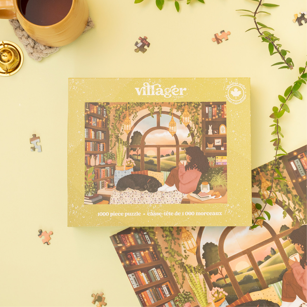 1000-piece book nook puzzle box front with cat, woman, and arch window scene