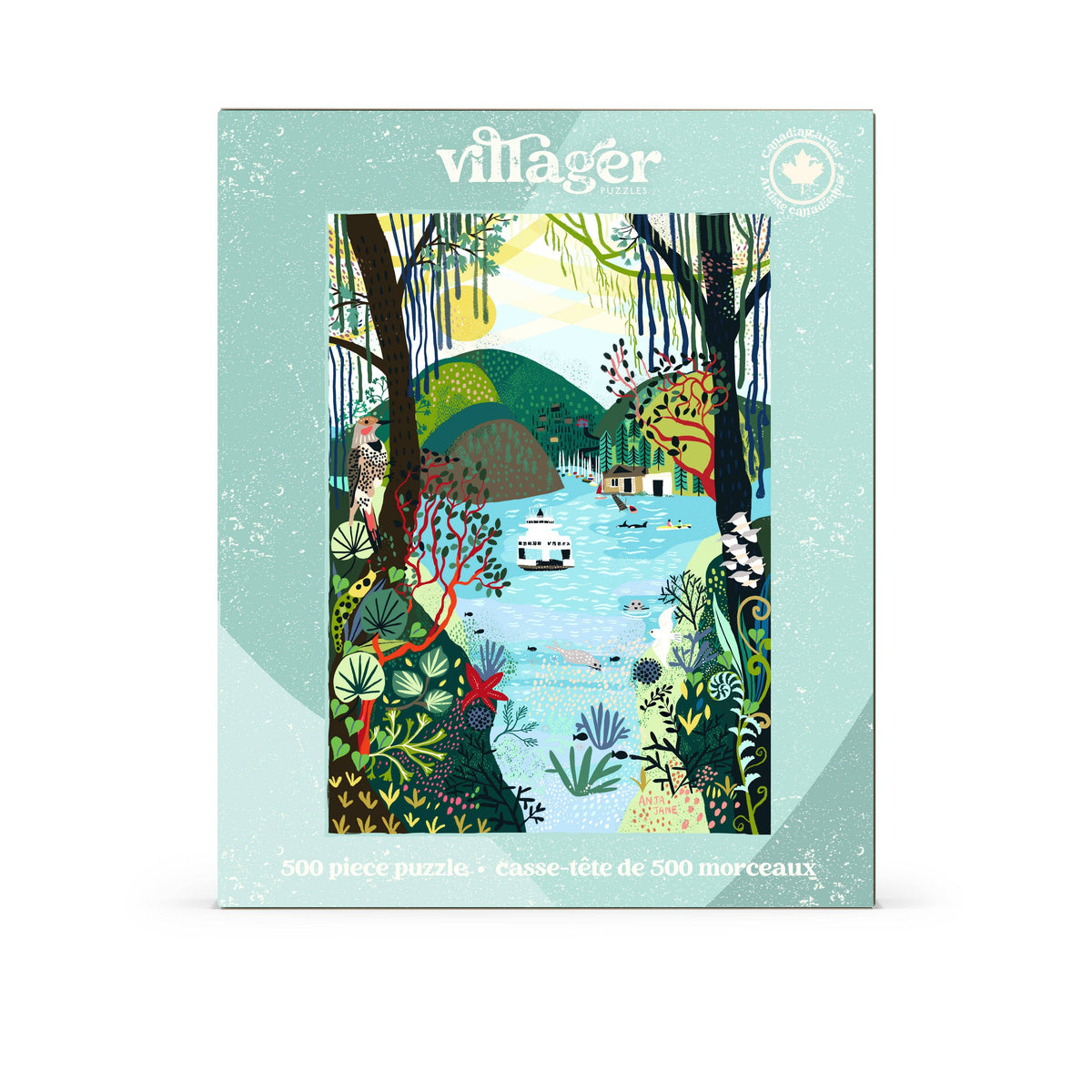 500-piece Villager puzzle box front with teal forest-and-water scene illustration