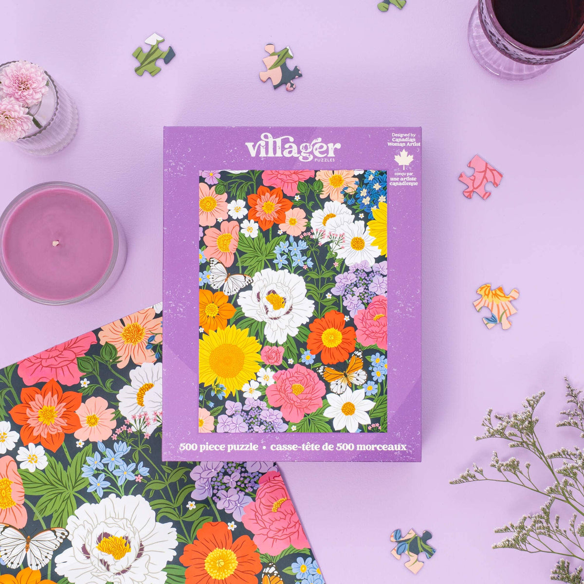 Floral 500-piece jigsaw puzzle box with vibrant midnight blooms artwork