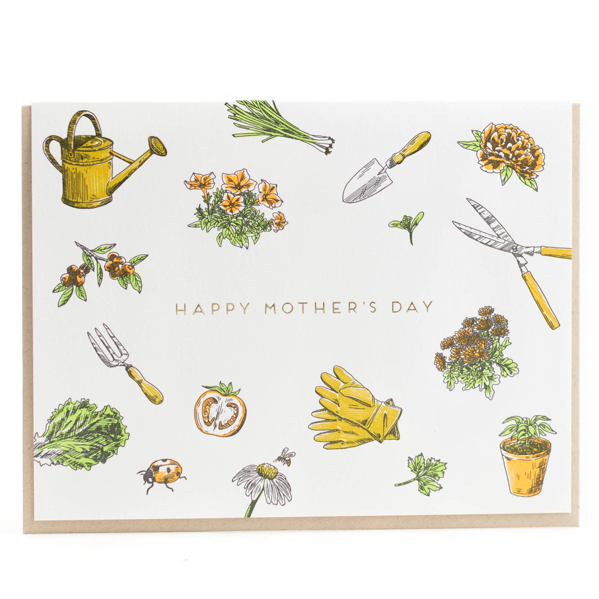 Mother's Day gardening card with letterpress garden tools, flowers, and “Happy Mother's Day”