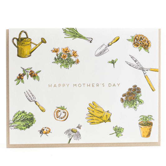 Mother's Day gardening card with letterpress garden tools, flowers, and “Happy Mother's Day”