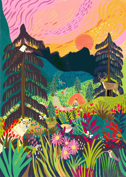 Close-up of colorful mountain forest and flowering meadow puzzle artwork