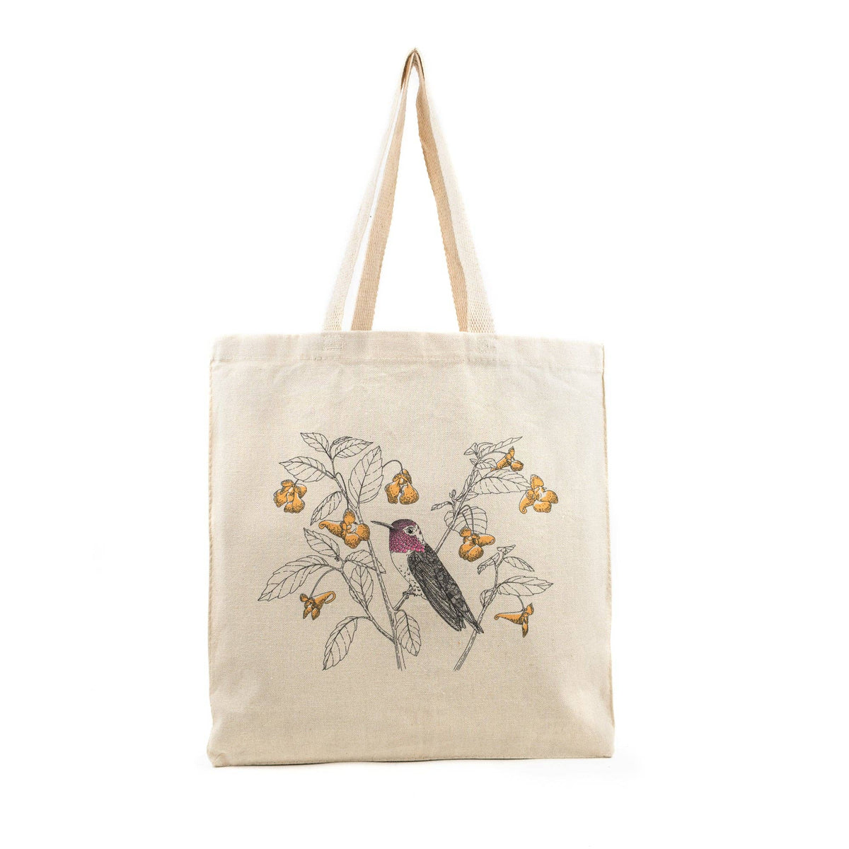 Off-white canvas tote bag with letterpress-style hummingbird and wildflower print