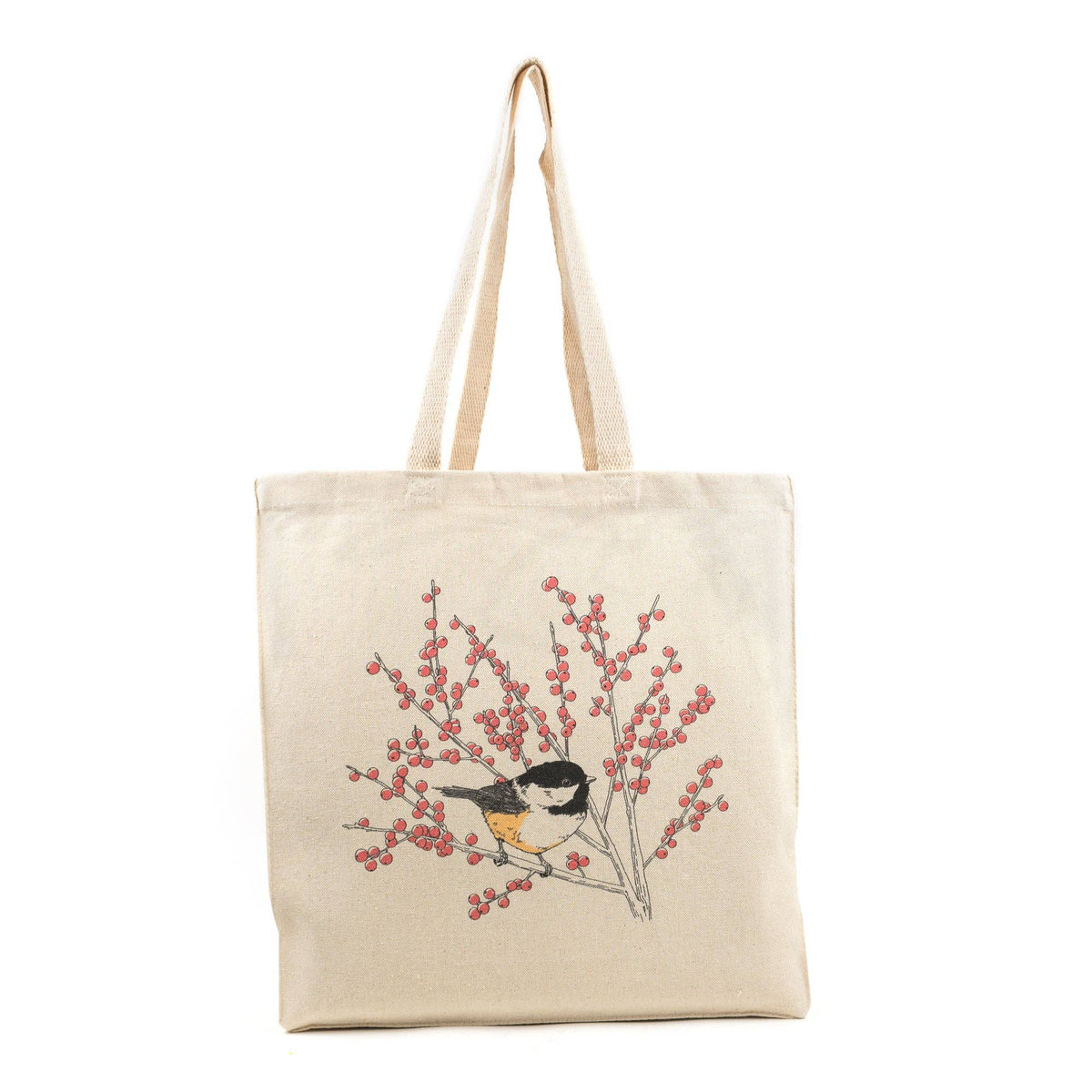 Cream canvas tote bag with black-and-white chickadee illustration and red berry branches