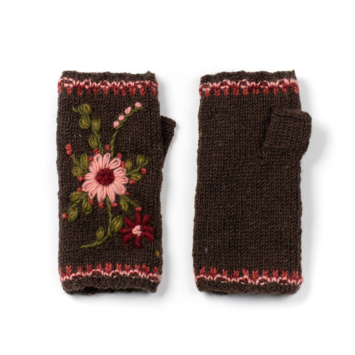 Brown knit wool handwarmers with floral embroidery and multicolor striped cuffs