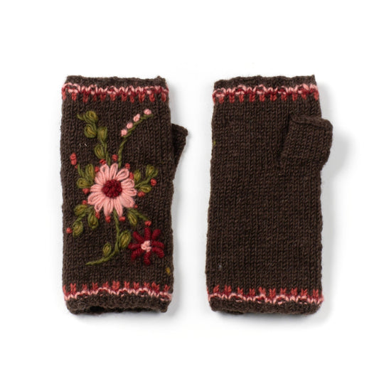 Brown knit wool handwarmers with floral embroidery and multicolor striped cuffs