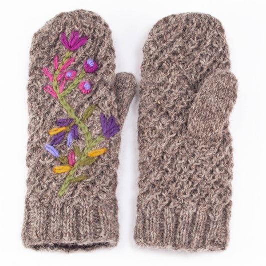 Embroidered wool mittens in heather gray with multicolor floral design on one hand.
