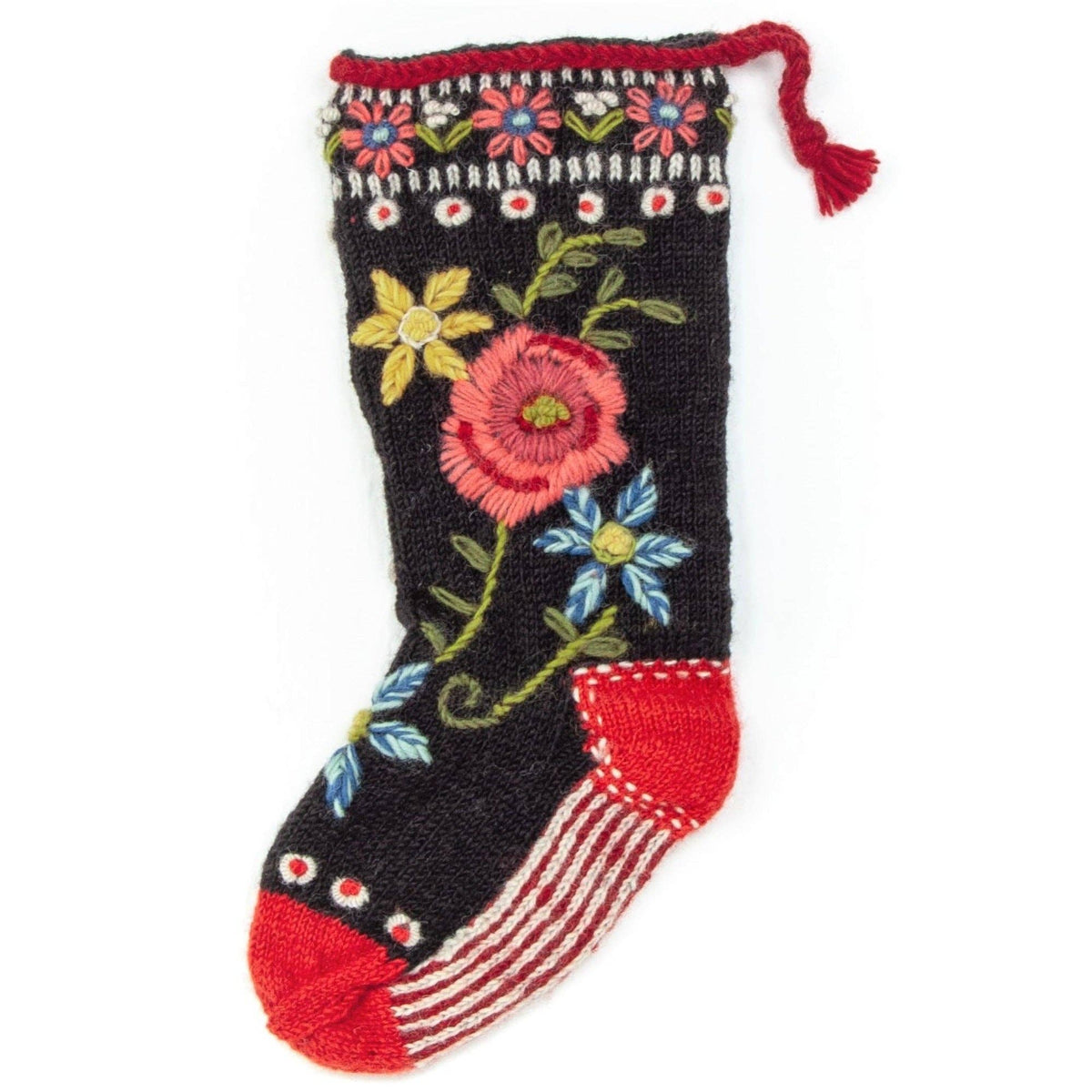Embroidered Christmas stocking with dark fabric, red cuff, and colorful floral bouquet