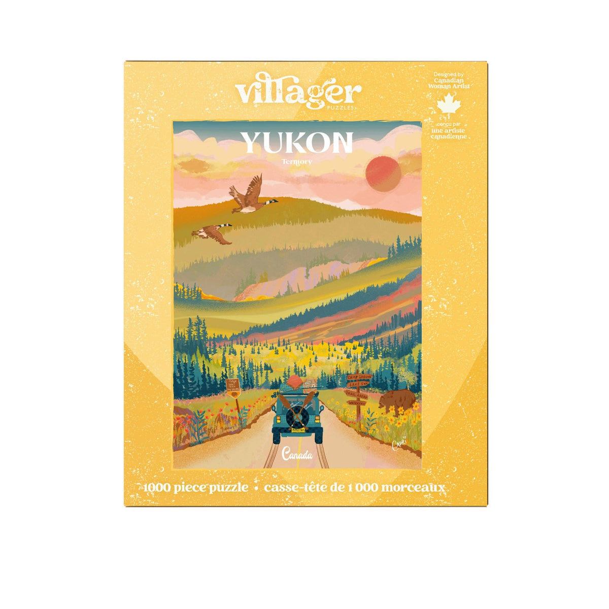 Yukon jigsaw puzzle box front with colorful valley landscape and Canada robot figure