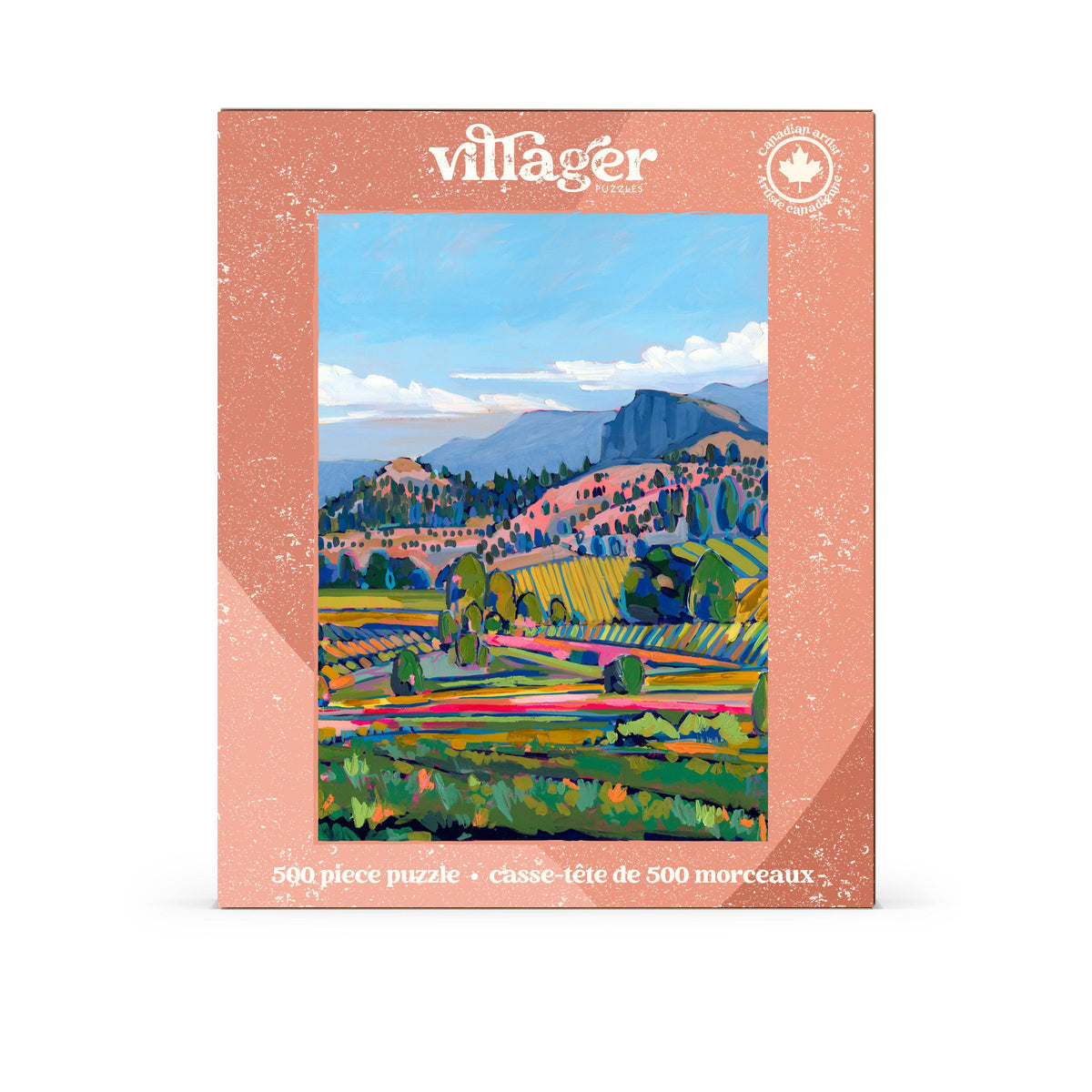 500-piece jigsaw puzzle box front with colorful landscape countryside scene