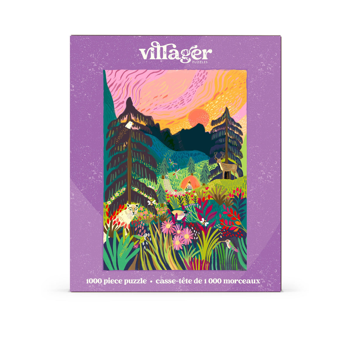 Landscape puzzle box front showing vibrant mountain and flower field illustration