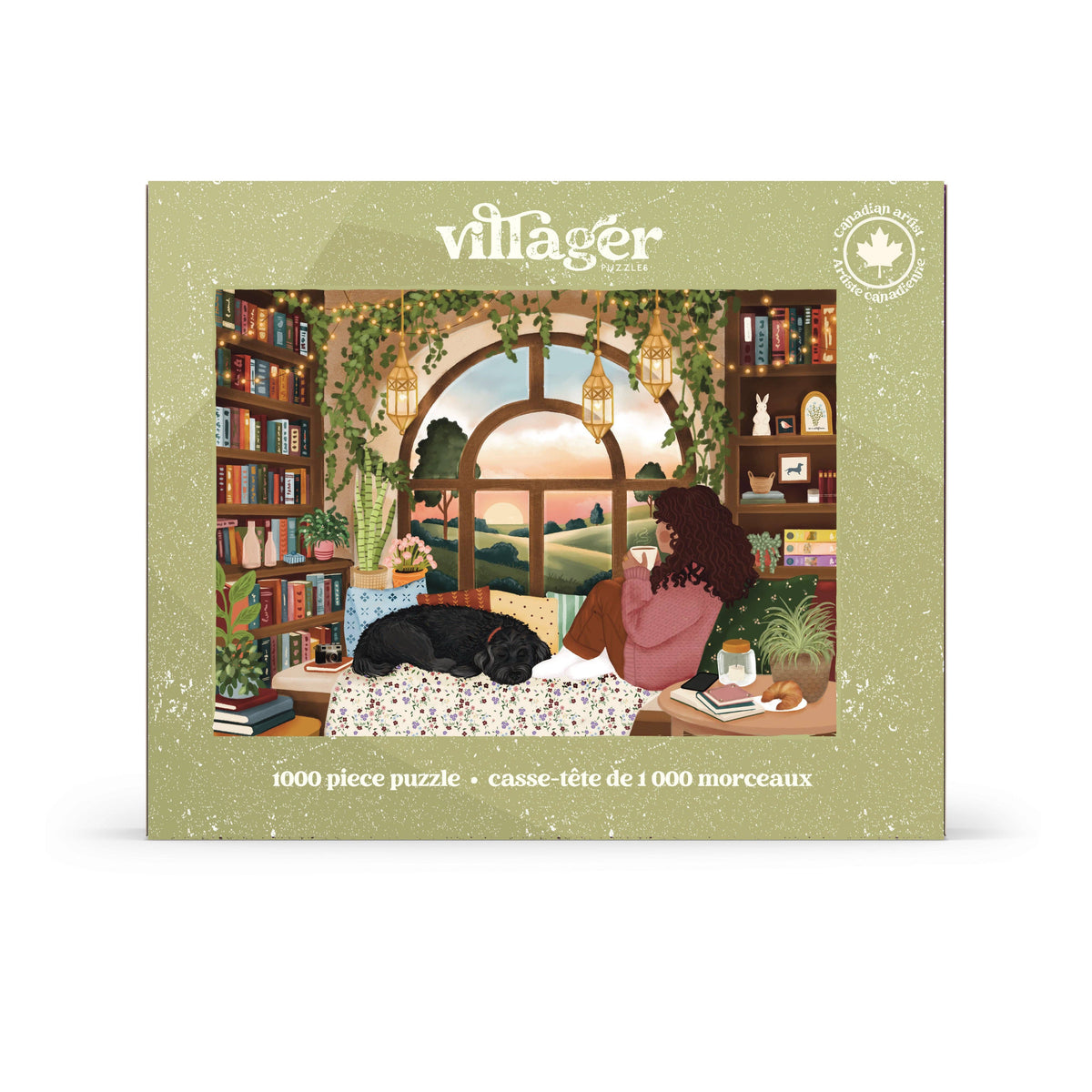 1000-piece book nook puzzle box showing cat, woman, and arch window illustration