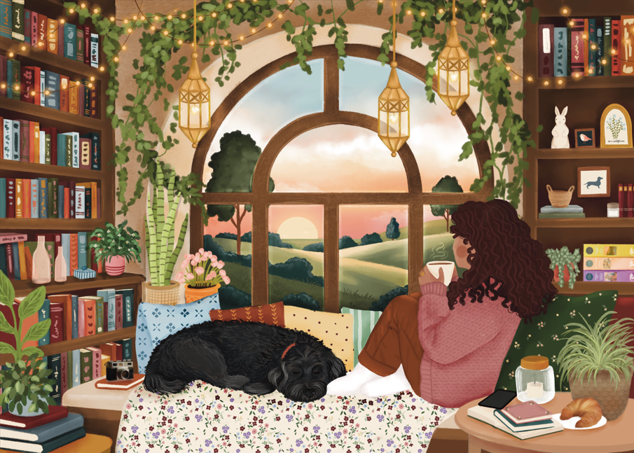 Book nook puzzle artwork with woman writing, curled cat, bookshelves, and arch window