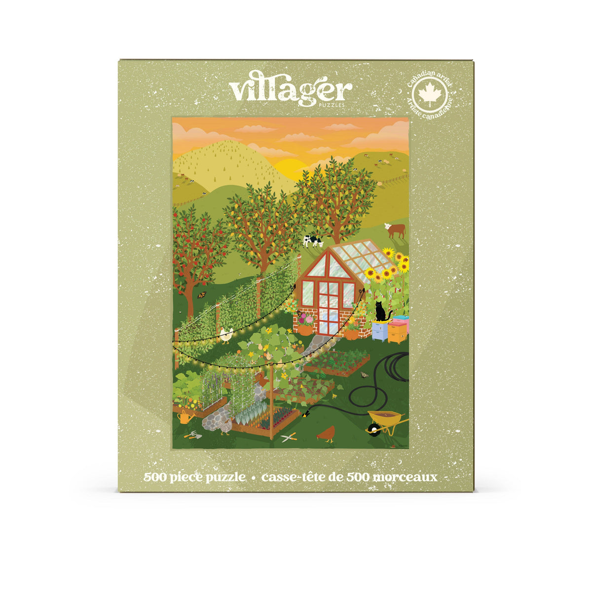 500-piece jigsaw puzzle box featuring hobby farm scene illustration