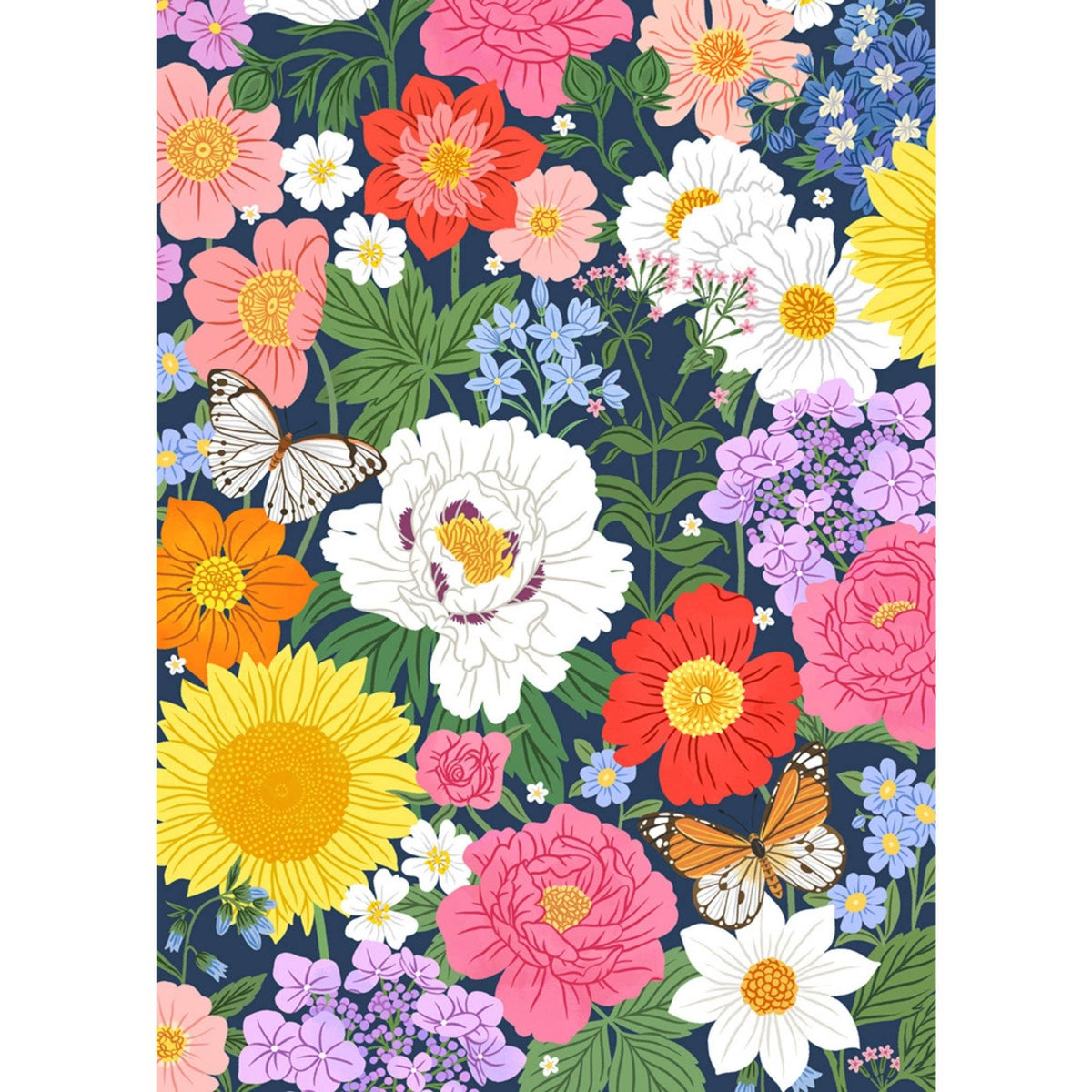 Colorful floral and butterfly jigsaw puzzle artwork, close-up of blooms