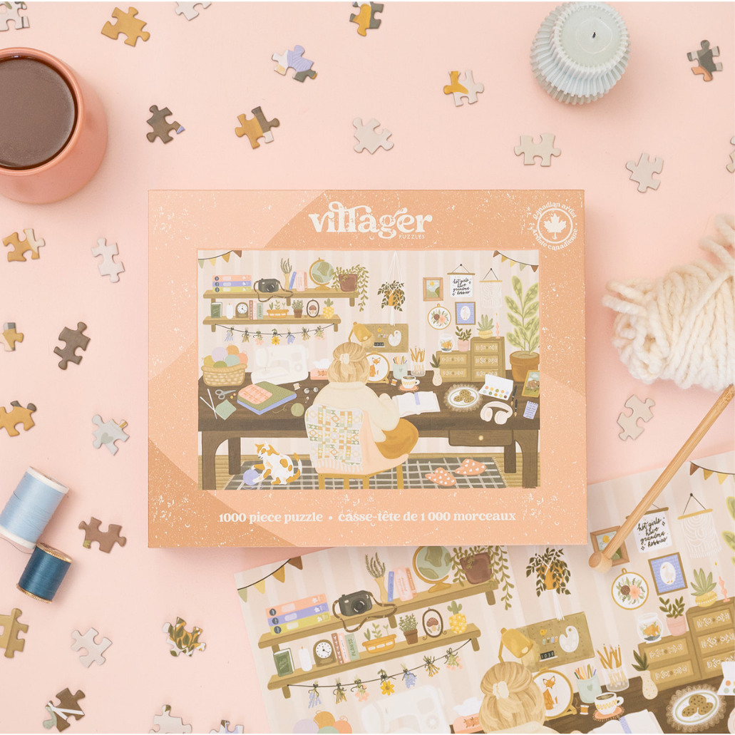 1000-piece jigsaw puzzle box with Grandma hobbies village kitchen illustration