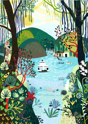 Scenic puzzle artwork with blue river, forest trees, and colorful village cabins
